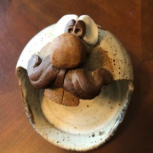 Vtg. Wagner earth stoneware ugly face sponge holder